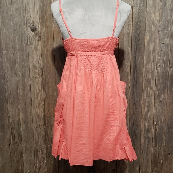 Paisley & Ivy S Women's Mini Sun Dress Coral Cotton Pockets Smocked Cottage - Picture 4 of 7